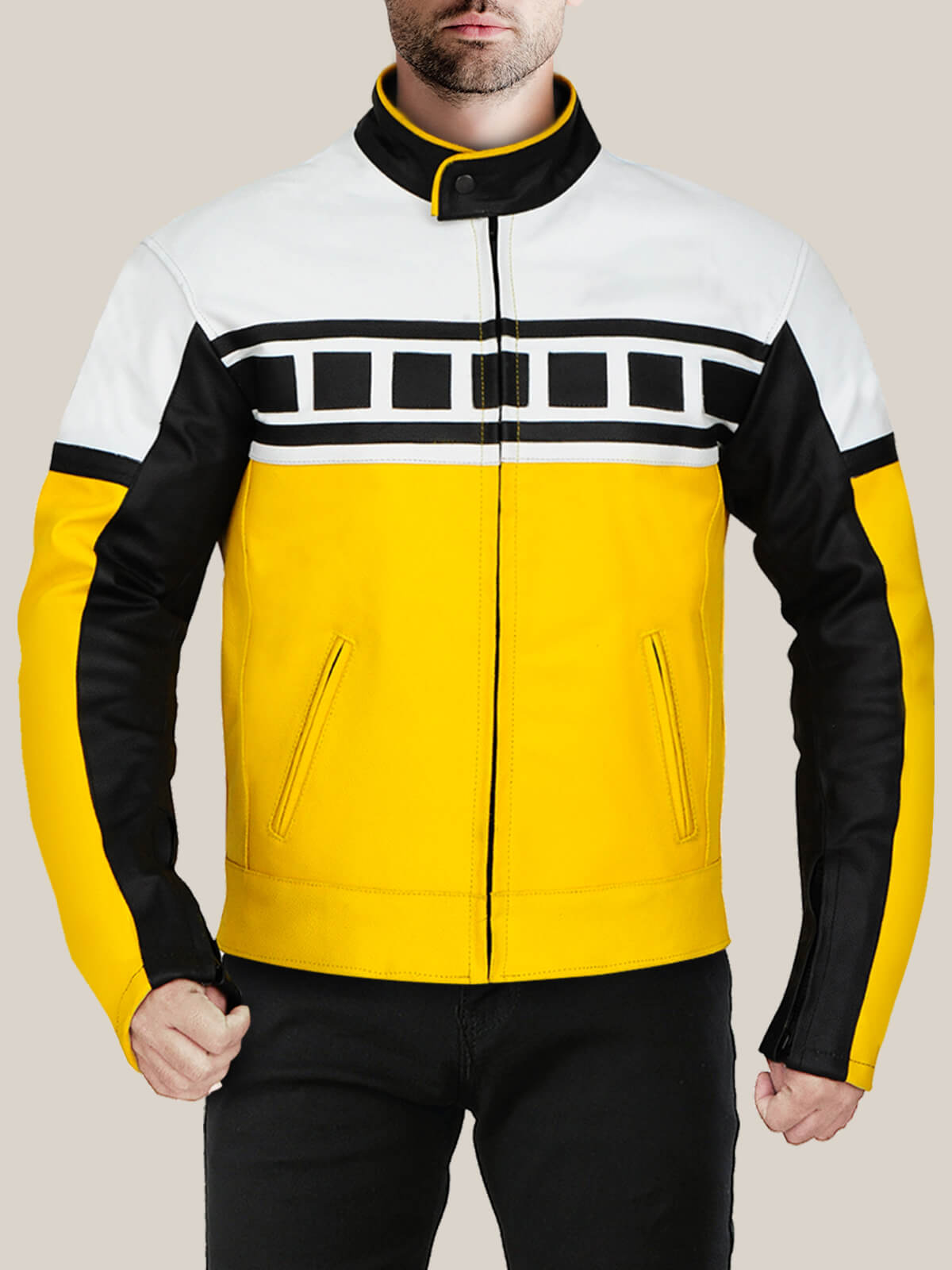 Yellow Black White Motorcycle Leather Jacket (1) Yellow Black White Motorcycle Leather Jacket