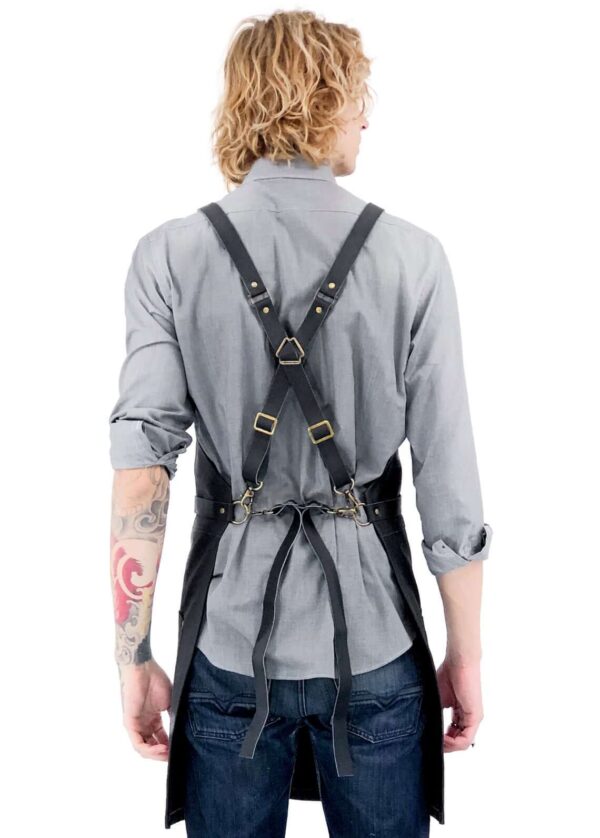 Black Leather Apron with Pockets and Crossback Straps