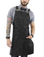 Black Leather Apron with Pockets and Crossback Straps