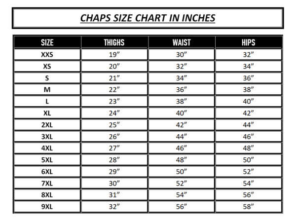 Chaps Size Chart