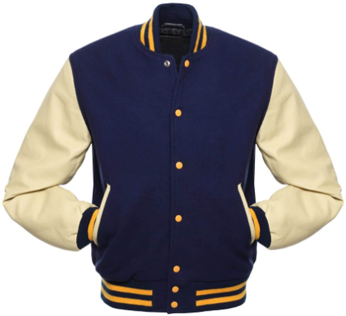 Navy Blue Cream Gold Baseball Varsity Jacket (1) Navy Blue Cream Gold Baseball Varsity Jacket