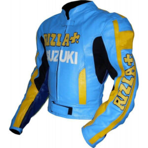 Blue Yellow Suzuki Motorcycle Racing Leather Jacket