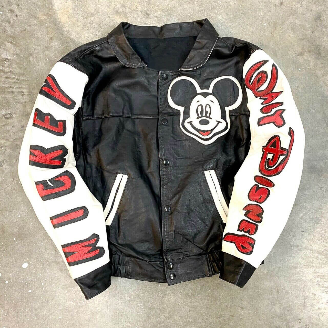 Mickey Mouse Portrait Spell out Leather Jacket (1) Mickey Mouse Portrait Spell out Leather Jacket