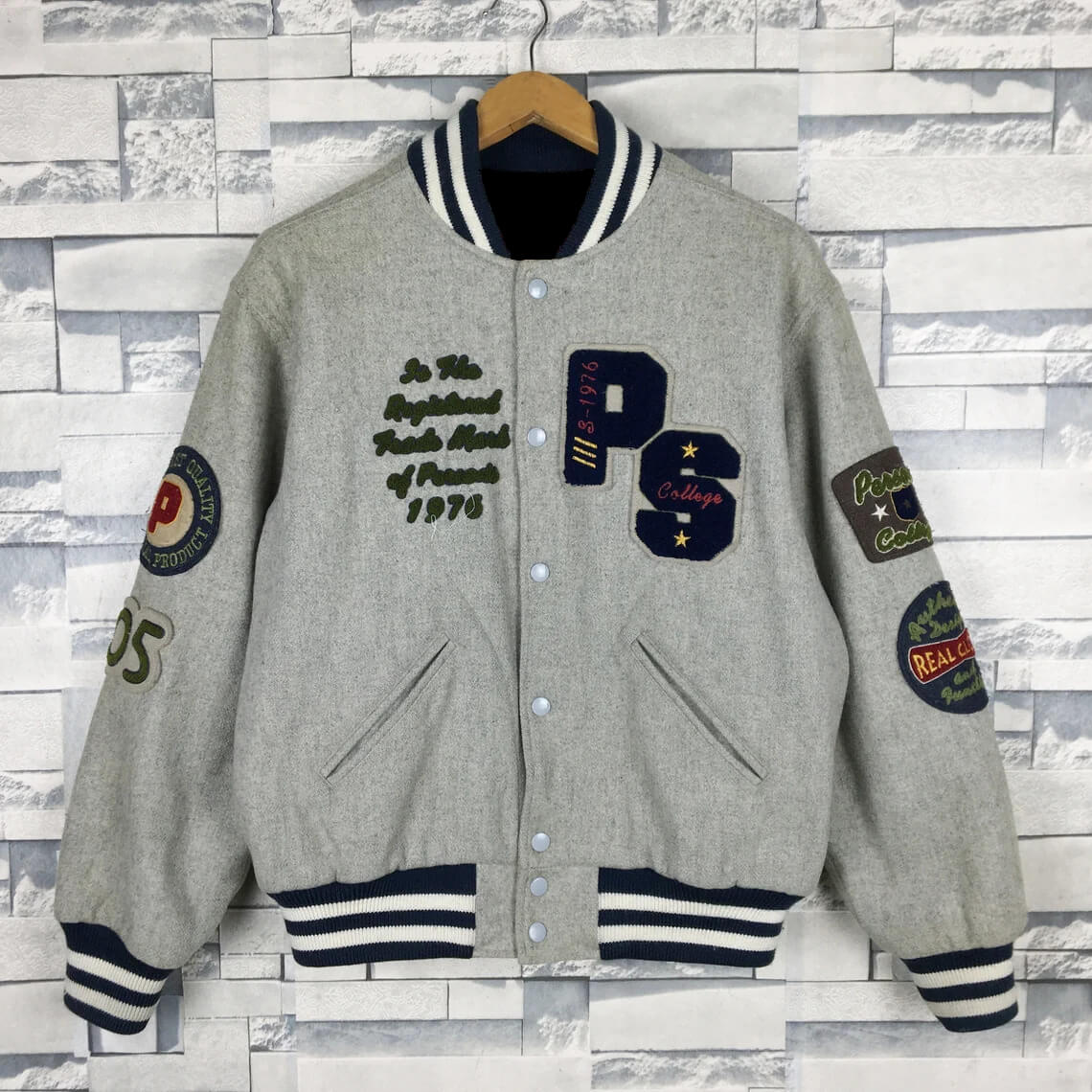 Vintage Gray Person's Varsity Jacket (1) Vintage Gray Person's Varsity Jacket