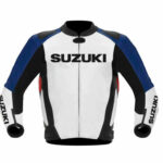 White Blue Suzuki GSXR Motorcycle Leather Jacket