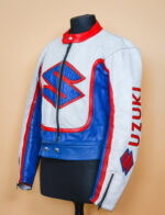 White Blue Suzuki Motorcycle Racing Leather Jacket