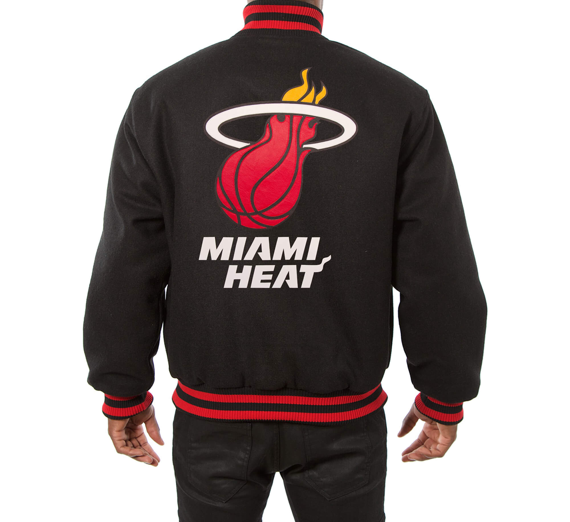 Maker of Jacket NBA Teams Jackets Miami Heat Black Red Jeff Hamilton Satin