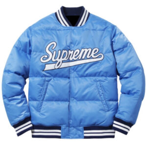 Blue Supreme Script Puffy Varsity Jacket