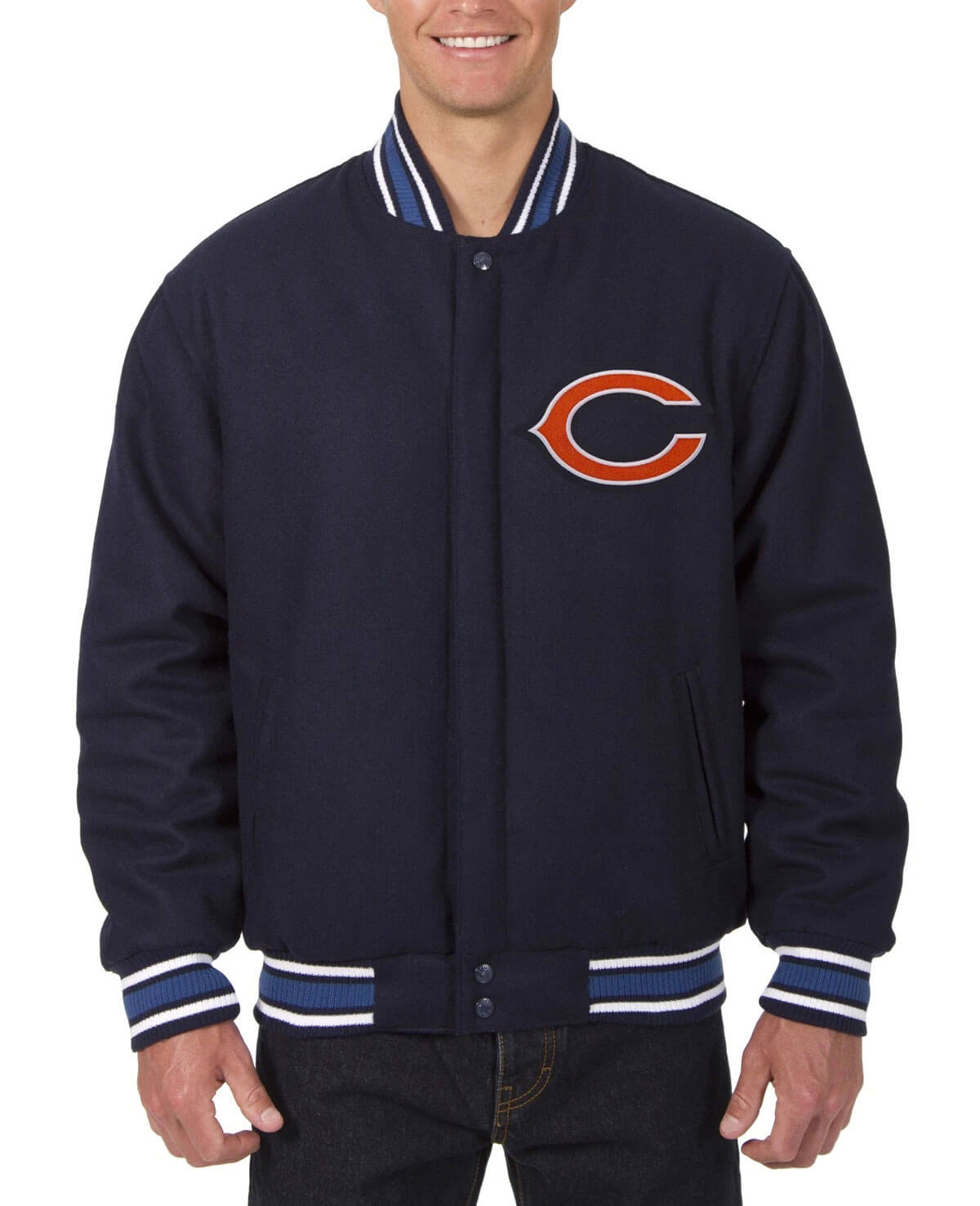 Chicago Bears NFL Wool Navy Bomber Jacket (1) Chicago Bears NFL Wool Navy Bomber Jacket