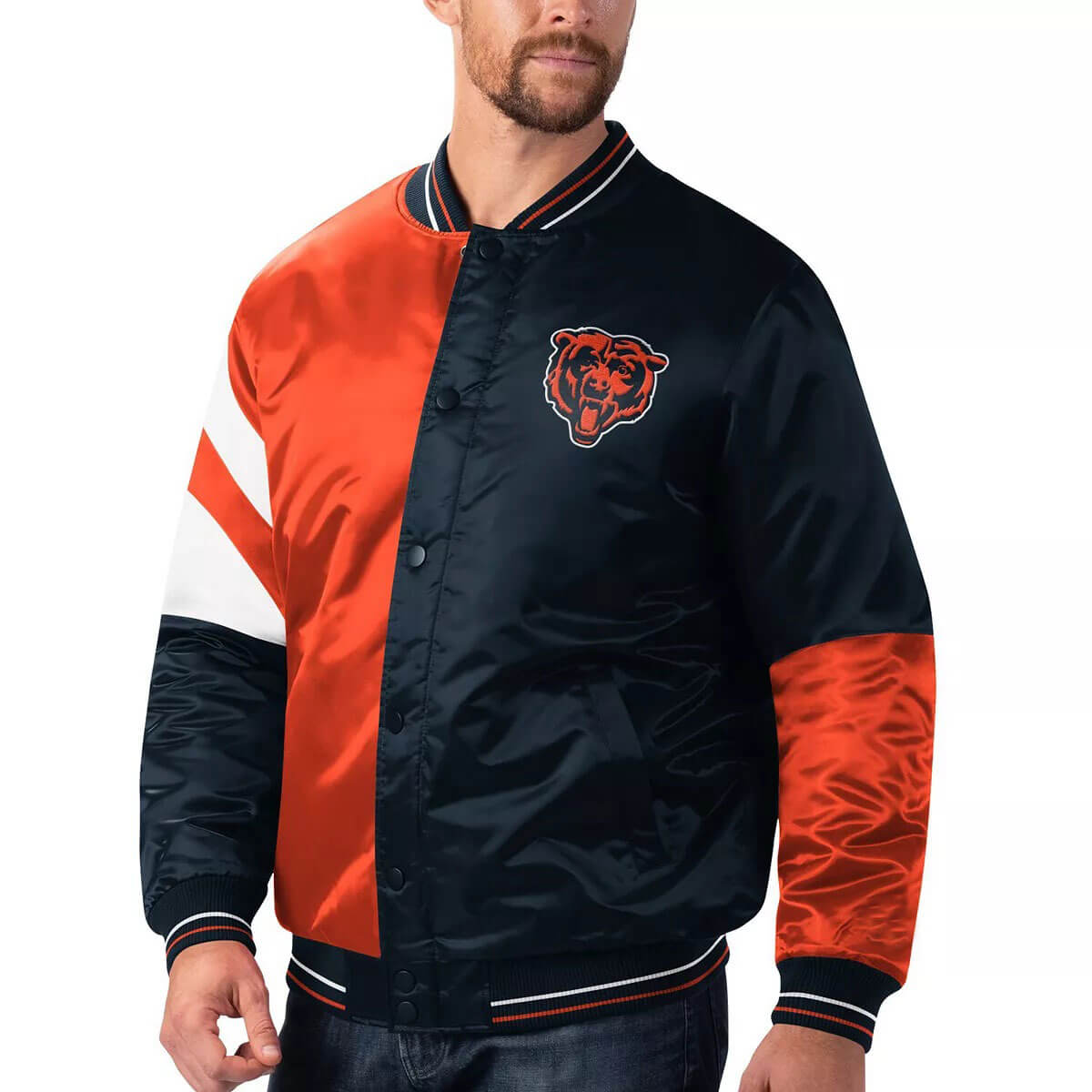 Chicago Bears Navy Orange Leader Satin Jacket (1) Chicago Bears Navy Orange Leader Satin Jacket