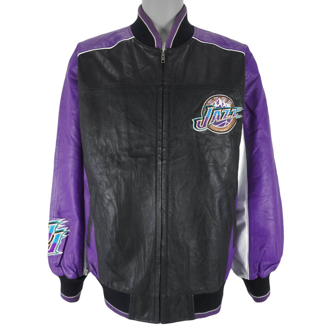 NBA 1990's Utah Jazz Spell Out Leather Jacket - Maker of Jacket