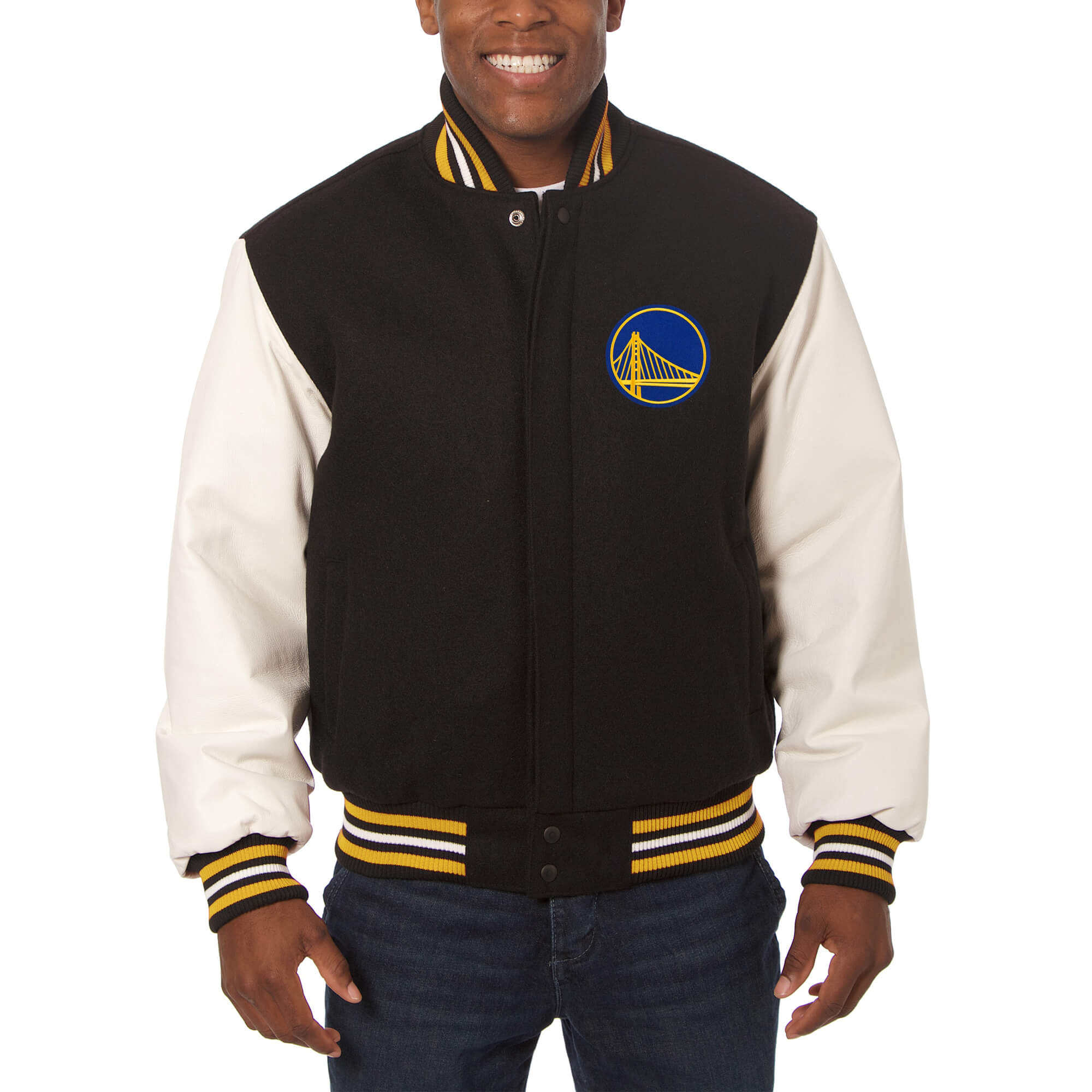 Mens NBA Multi Team Patch Varsity Jacket Black / Wool with Leather / S