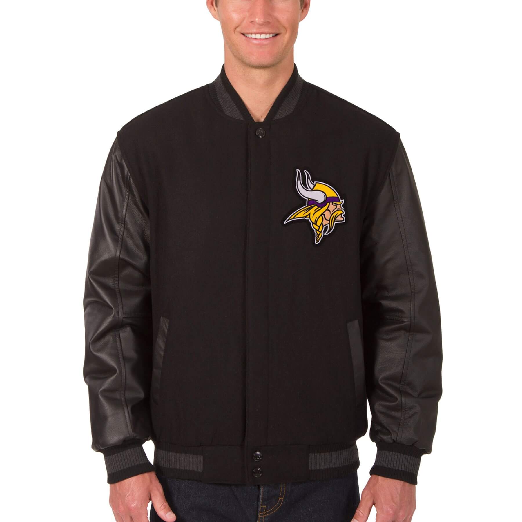 NFL Minnesota Vikings Black Wool Leather Jacket (1) NFL Minnesota Vikings Black Wool Leather Jacket