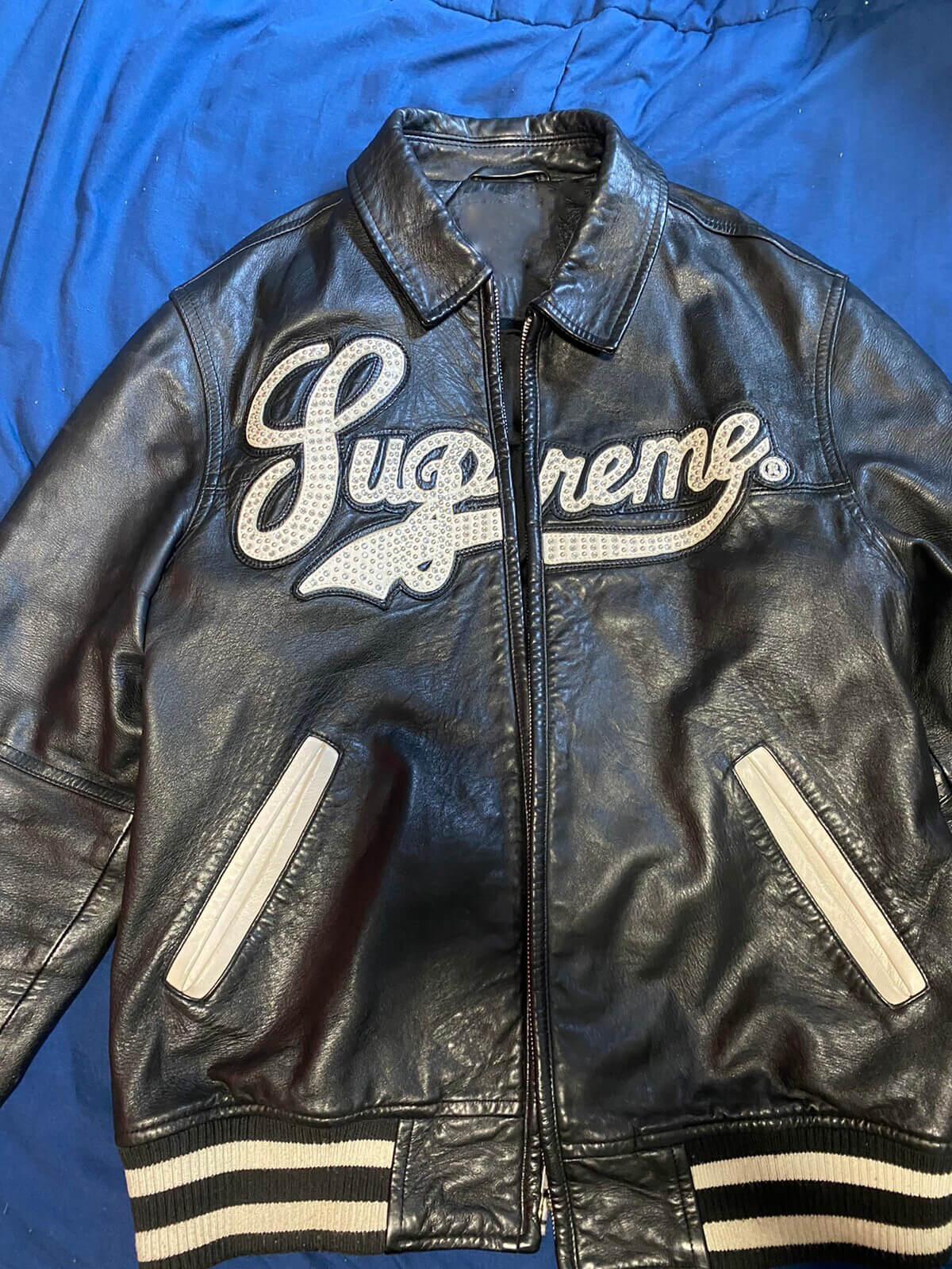 Supreme Studded Black Leather Varsity Jacket - Maker of Jacket