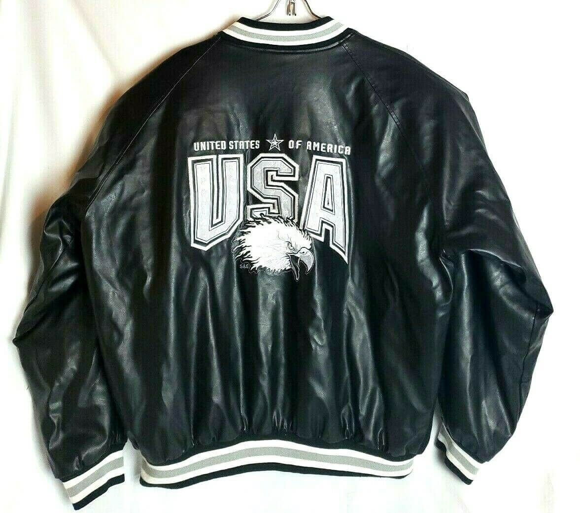 Black USA American Flag Eagle Varsity Jacket (1) Black USA American Flag Eagle Varsity Jacket