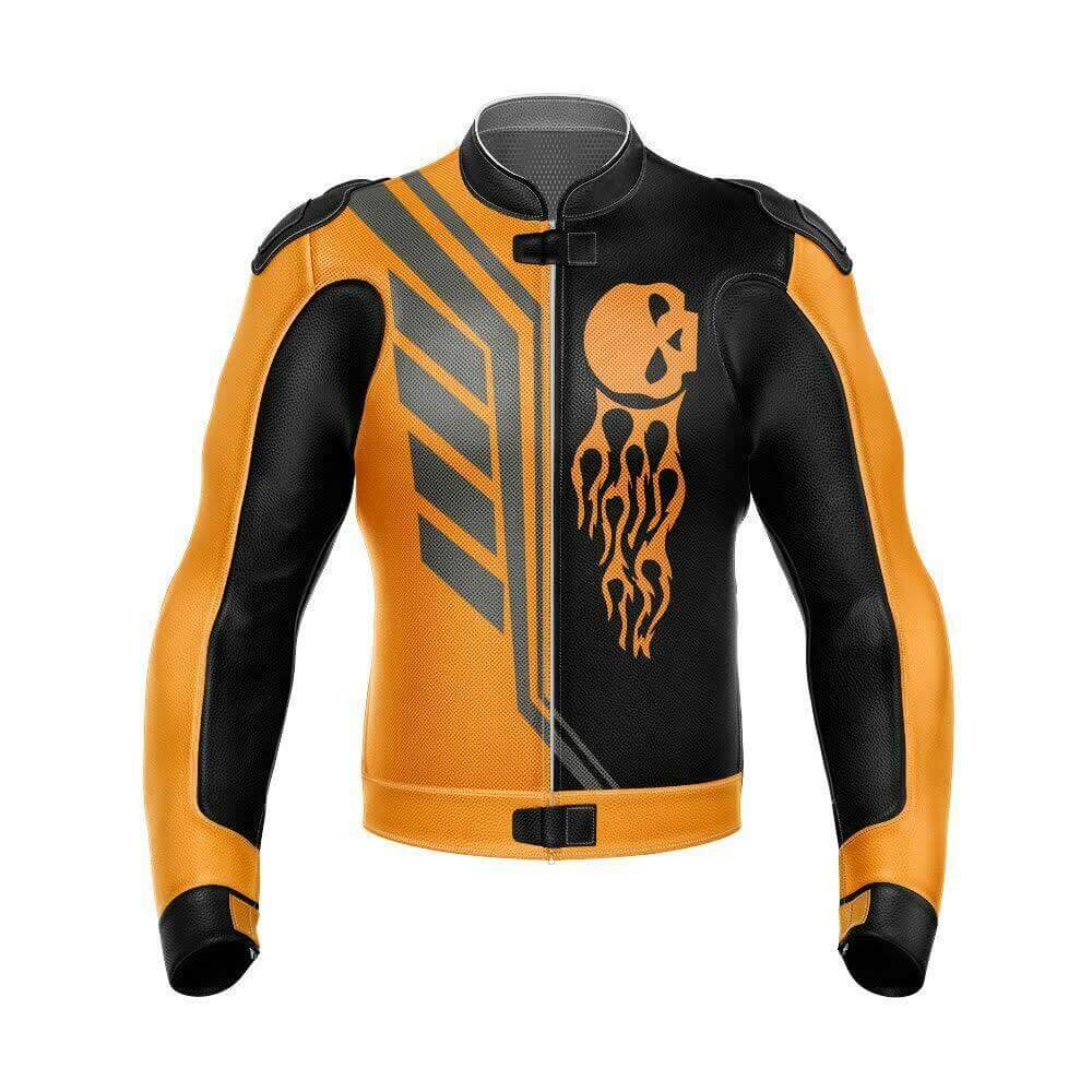 Skull Motorcycle Racing Orange Leather Jacket (1) Skull Motorcycle Racing Orange Leather Jacket