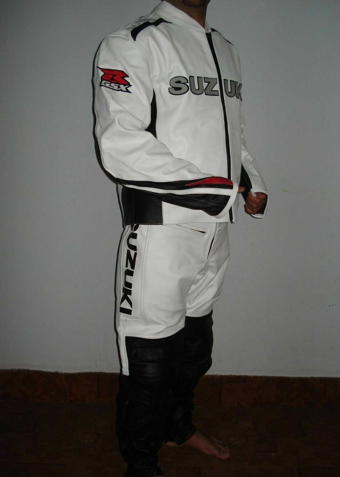 White Suzuki GSXR Motorcycle Leather Suit (1) White Suzuki GSXR Motorcycle Leather Suit