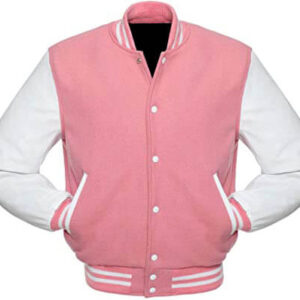 Pink and White Letterman Baseball Varsity Jacket Front