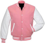 Pink and White Letterman Baseball Varsity Jacket Front 2