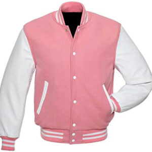 Pink and White Letterman Baseball Varsity Jacket Front 2