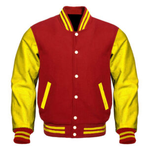 Red Yellow Letterman Baseball Varsity Jacket Front