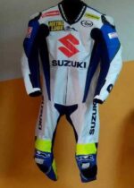 Suzuki GSXR Motorcycle Racing White Leather Suit