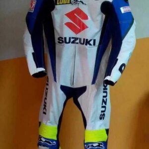 Suzuki GSXR Motorcycle Racing White Leather Suit