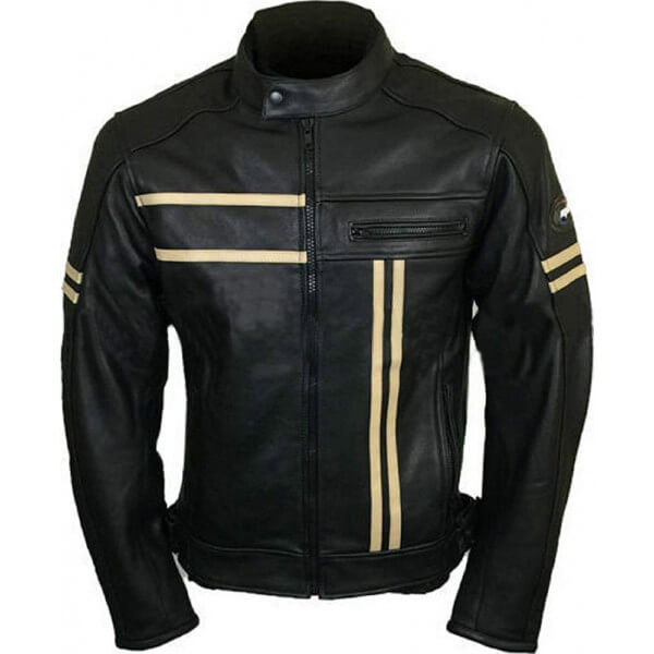 Cafe Racer Retro Biker Black Leather Jacket Front