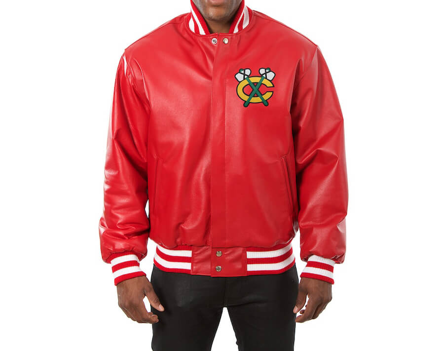 Chicago Blackhawks NHL Red Leather Jacket front Chicago Blackhawks NHL Red Leather Jacket front