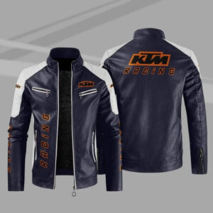 KTM Sport Racing Navy Blue And White Leather Jacket