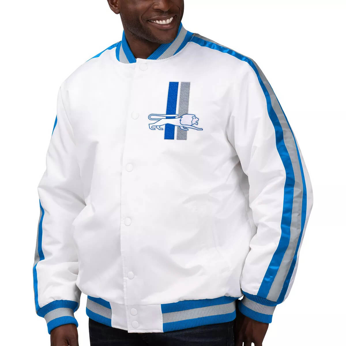 NFL Team Detroit Lions Tricolor Satin Jacket (1) NFL Team Detroit Lions Tricolor Satin Jacket