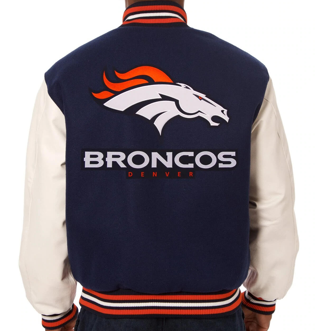 Navy White Denver Broncos NFL Team Varsity Jacket (2) Navy White Denver Broncos NFL Team Varsity Jacket