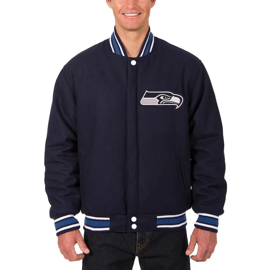 Seattle Seahawks NFL Team Navy Wool Jacket (1) Seattle Seahawks NFL Team Navy Wool Jacket Front