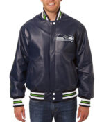 Seattle Seahawks Navy Blue Leather Jacket Front