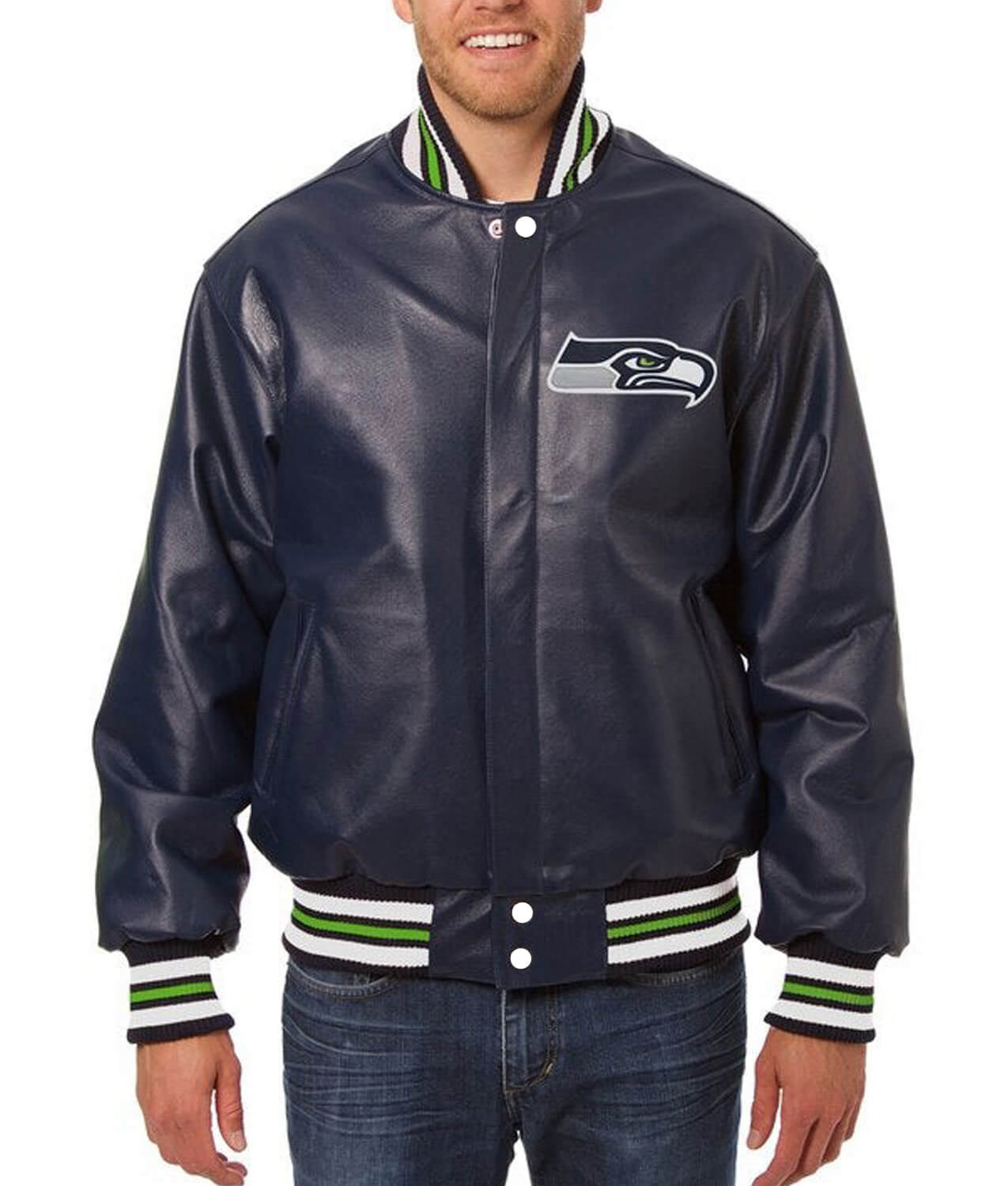 Seattle Seahawks Navy Blue Leather Jacket (1) Seattle Seahawks Navy Blue Leather Jacket Front