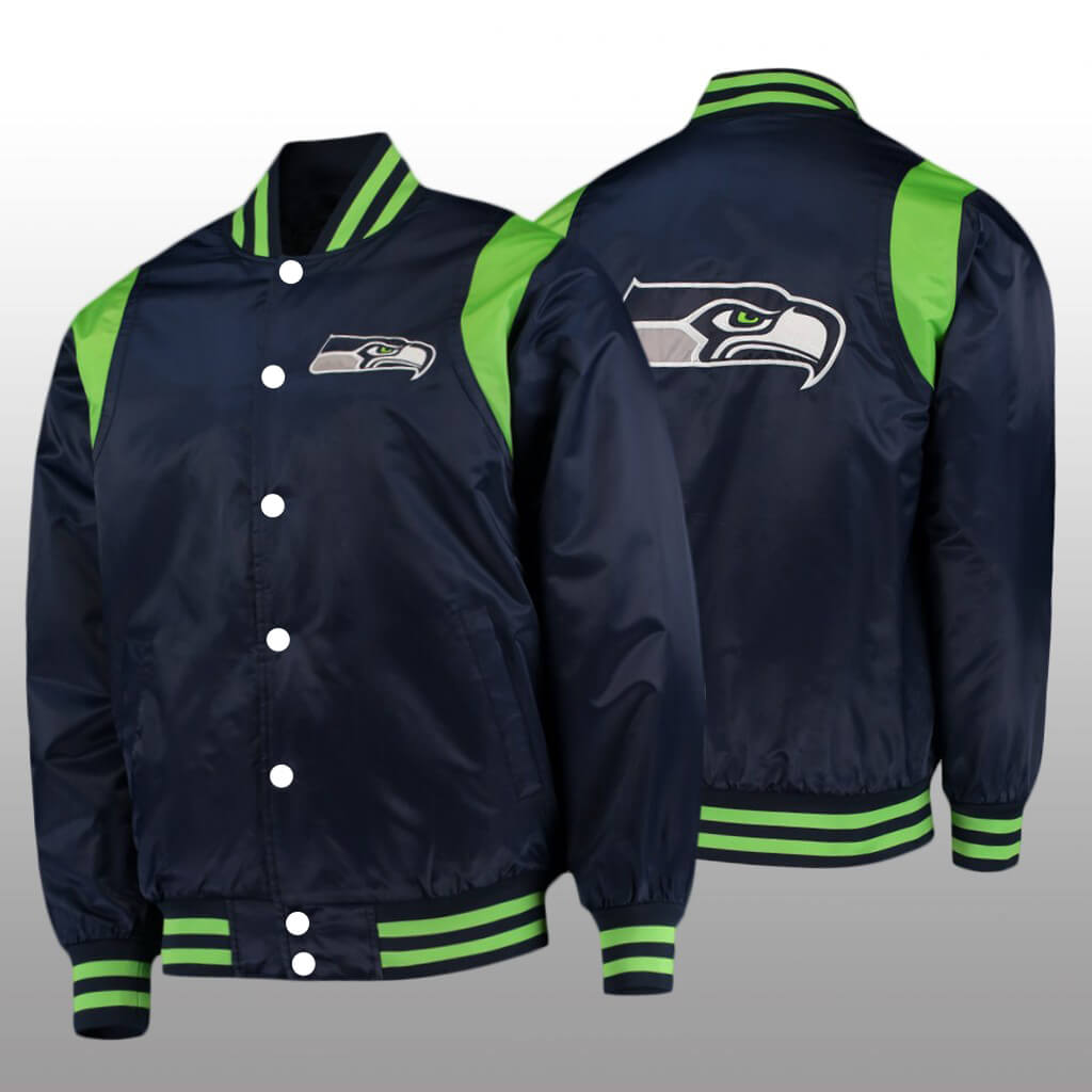 Seattle Seahawks Navy Neon Green Twill Satin Jacket (1) Seattle Seahawks Navy Neon Green Twill Satin Jacket Both
