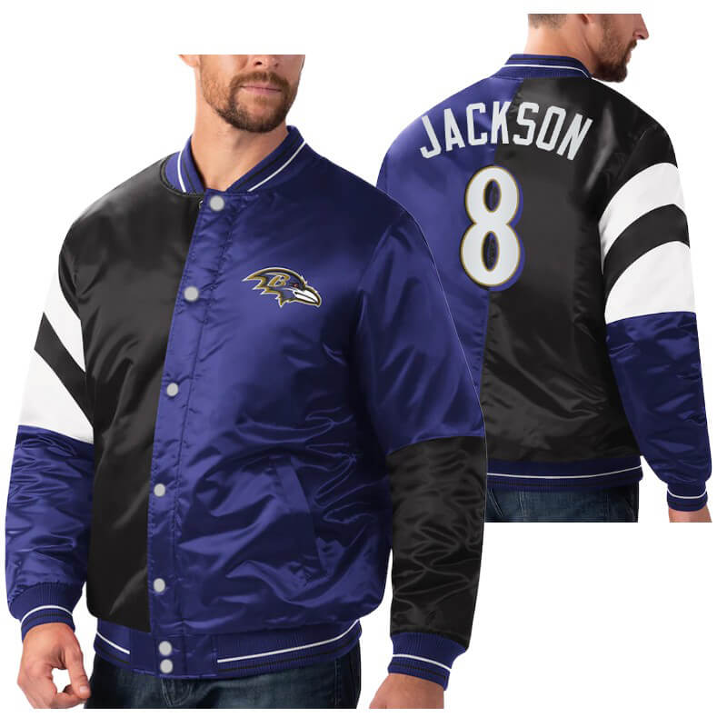 Lamar Jackson 8 Baltimore Ravens Tricolor Satin Jacket (1) Lamar Jackson 8 Baltimore Ravens Tricolor Satin Jacket