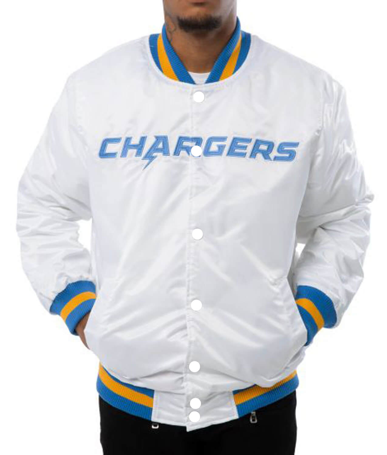 Los Angeles Chargers White Satin Jacket (1) Los Angeles Chargers White Satin Jacket Front