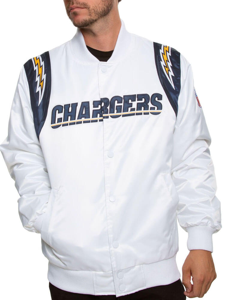 NFL Team Los Angeles Chargers White Satin Jacket (1) NFL Team Los Angeles Chargers White Satin Jacket Front