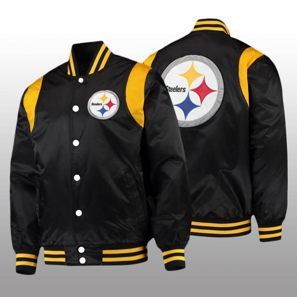 Pittsburgh Steelers Black Gold Twill Satin Jacket (1) Pittsburgh Steelers Black Gold Twill Satin Jacket Both