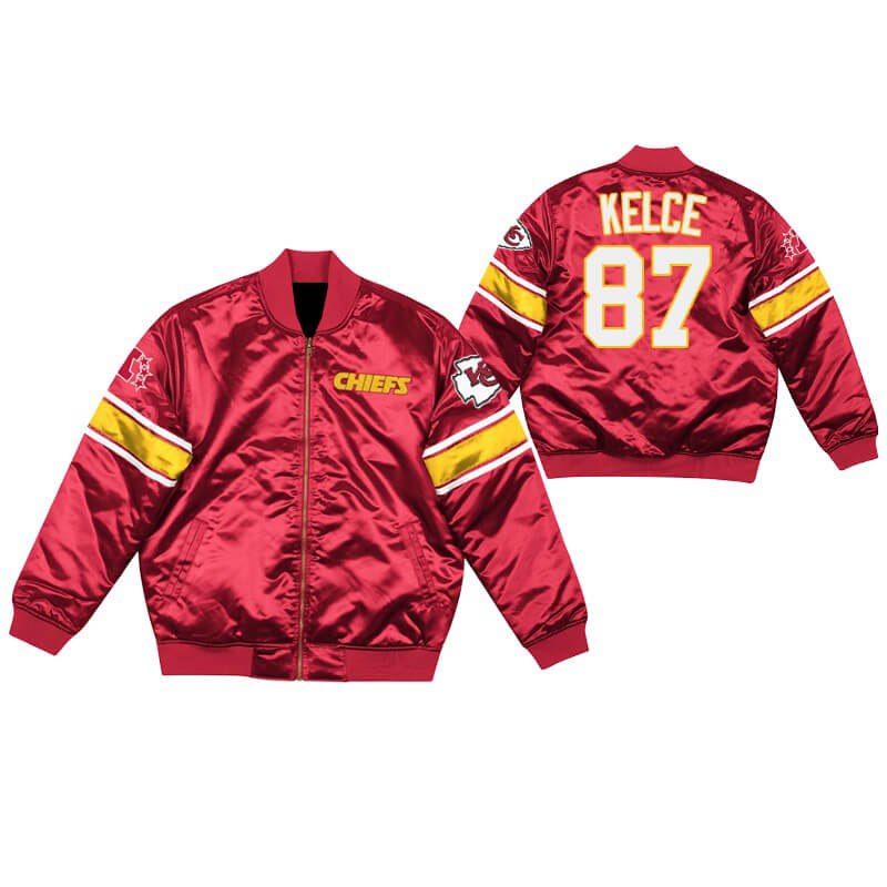 Travis Kelce Kansas City Chiefs NFL Satin Jacket (1) Travis Kelce Kansas City Chiefs NFL Satin Jacket