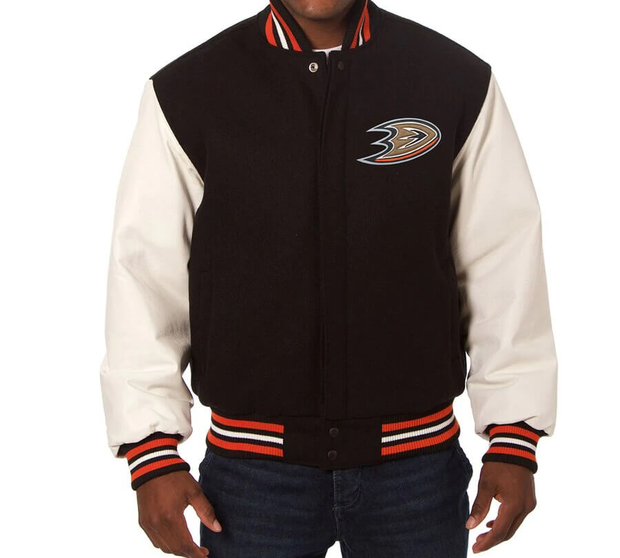 Anaheim Ducks Black Two Tone Wool Leather Jacket (1) Anaheim Ducks Black Two Tone Wool Leather Jacket