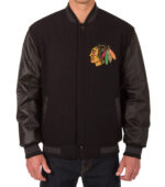 Black NHL Chicago Blackhawks Wool Leather Jacket