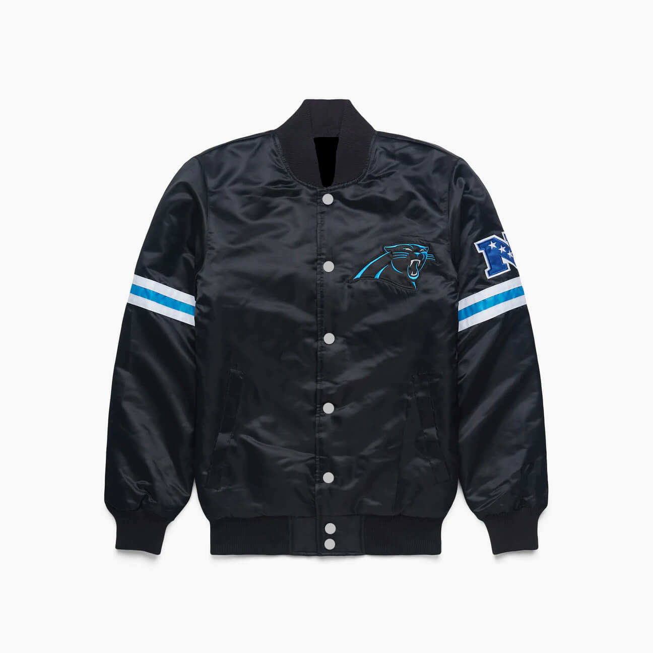Carolina Panthers NFL Black Satin Jacket (1) Carolina Panthers NFL Black Satin Jacket Front