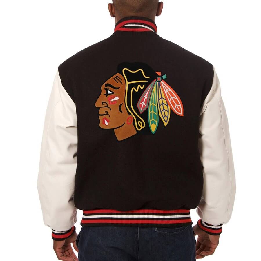 Chicago Blackhawks Black Two Tone Wool Leather Jacket (2) Chicago Blackhawks Black Two Tone Wool Leather Jacket