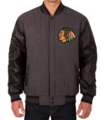 Chicago Blackhawks Charcoal Wool and Leather Jacket