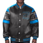 NFL Carolina Panthers Black Blue Leather Jacket Front