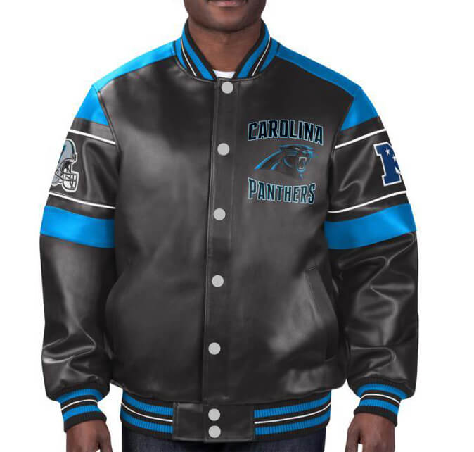 NFL Carolina Panthers Black Blue Leather Jacket (1) NFL Carolina Panthers Black Blue Leather Jacket Front