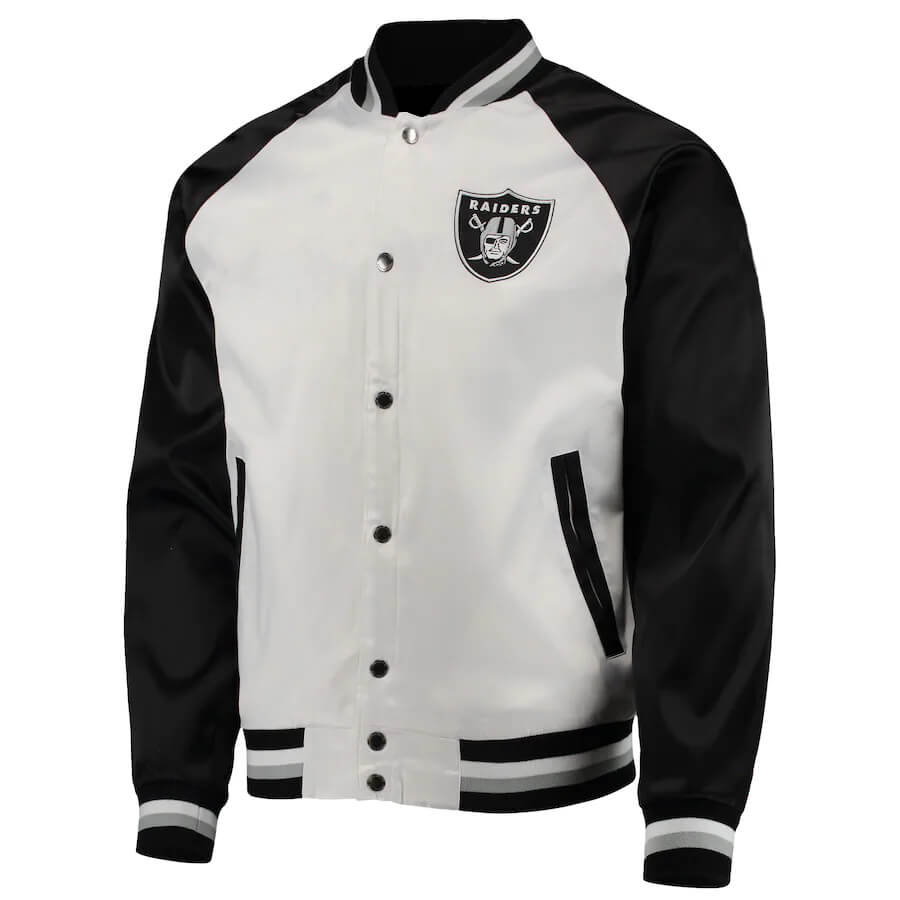 NFL Las Vegas Raiders White And Black Satin Jacket (1) NFL Las Vegas Raiders White And Black Satin Jacket