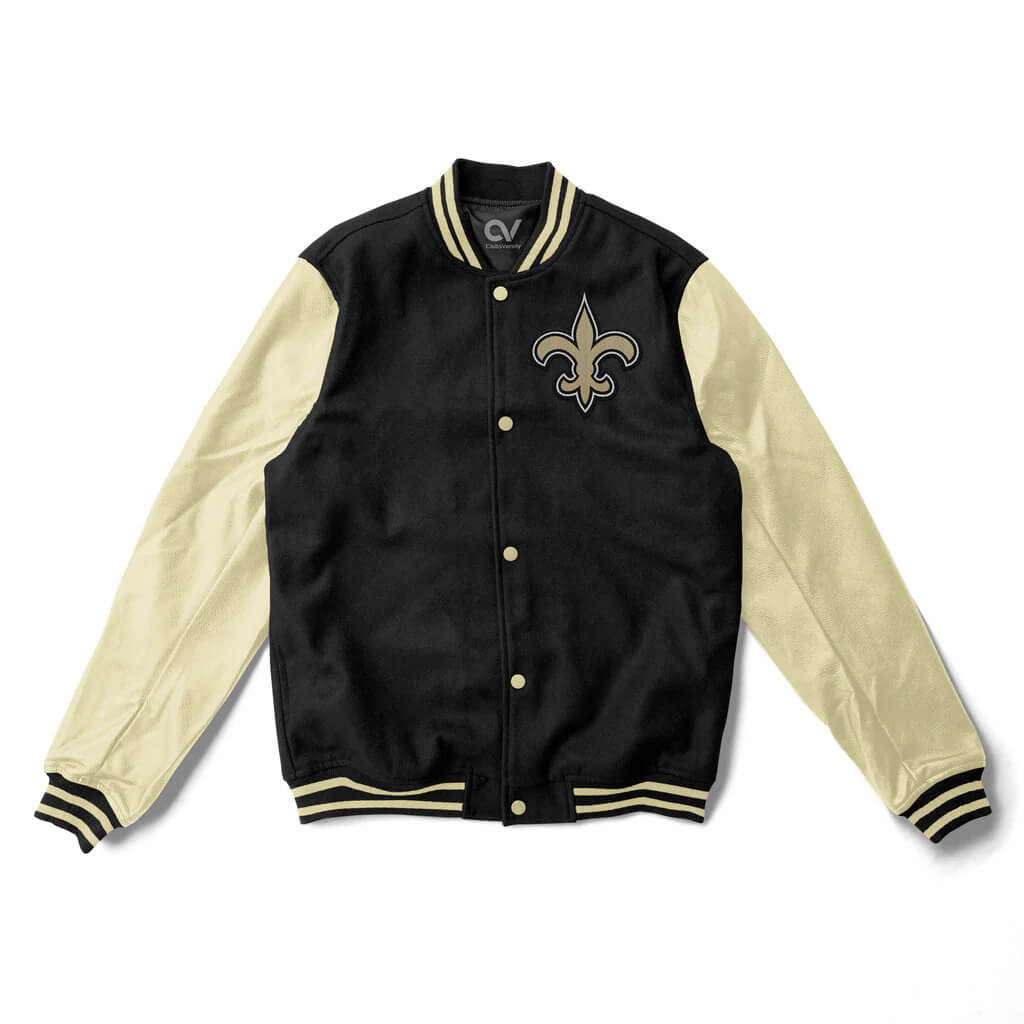 NFL New Orleans Saints Black And Cream Varsity Jacket (1) NFL New Orleans Saints Black And Cream Varsity Jacket